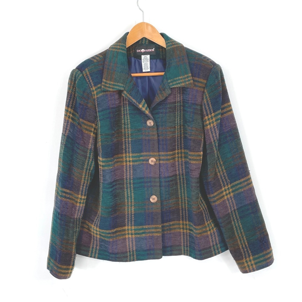 Sag Harbor Womens Blazer 16 Jacket Multi Color Plaid Acrylic Textured Boho Retro